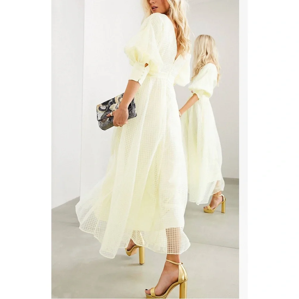 ASOS Pale Yellow Midi Dress with Puff Sleeves - Picture 3 of 8